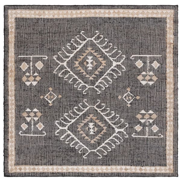 Kilim Black/Ivory 5 ft. x 5 ft. Native American Border Square Area Rug