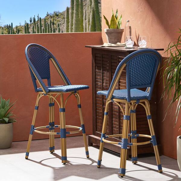 Flynama Set of 2 29.5 in. Outdoor PE Rattan and Aluminum French Barstools in Navy Blue