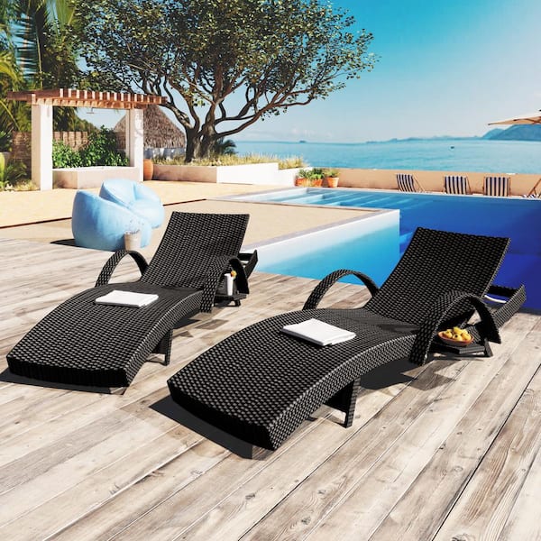 Runesay 2-Piece Wicker Outdoor Chaise Lounge Chairs Reclining Chair Side Table Adjustable Backrest Ergonomic Wave Design Black