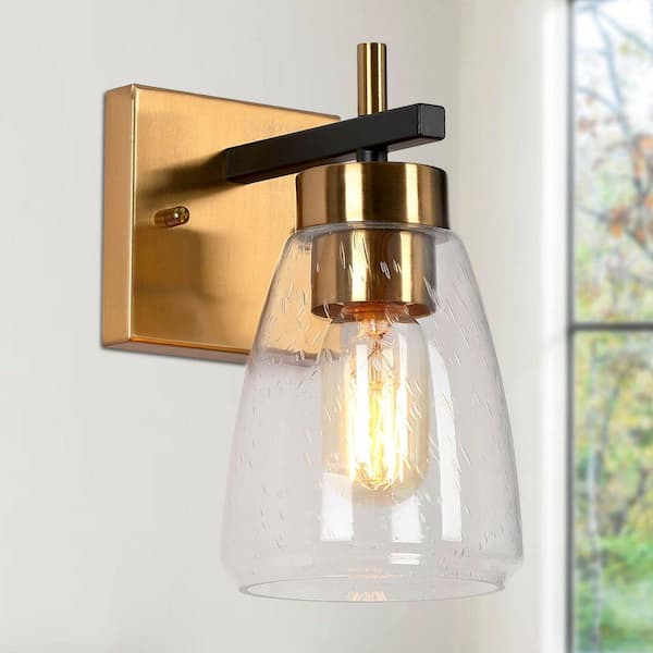 8.7 in. 1-Light Modern Brass and Black Wall Sconce Light, Industrial Gold Bathroom Light with Seeded Glass Shades