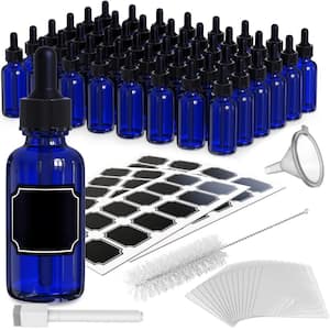 1 oz. Glass Dropper Bottles with Funnel, Brush, Shrink Wrap, Marker and Labels - Blue (Pack of 48)