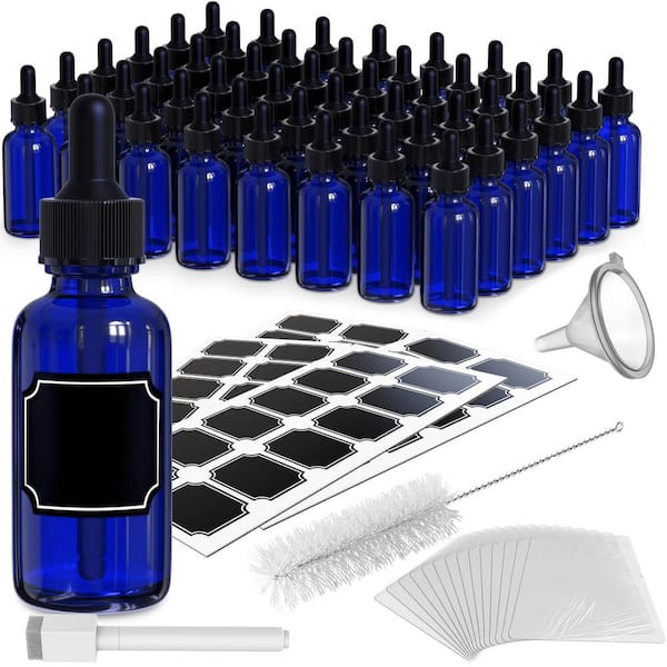 Nevlers 1 oz. Glass Dropper Bottles with Funnel, Brush, Shrink Wrap, Marker and Labels - Blue (Pack of 48)