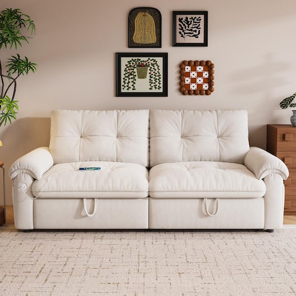 Armrests Sofa Convertible Sofa Bed 77.2 in. 2-in-1 Piece Suitable for Both Sitting and Lying Velvet Fabric, Beige