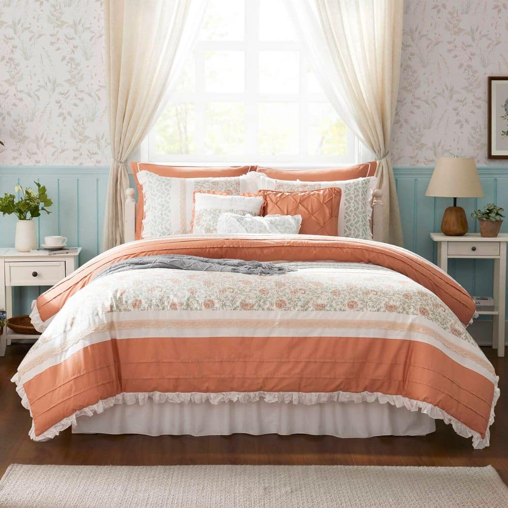 Coral and White Cotton Queen Comforter Set with Floral Print