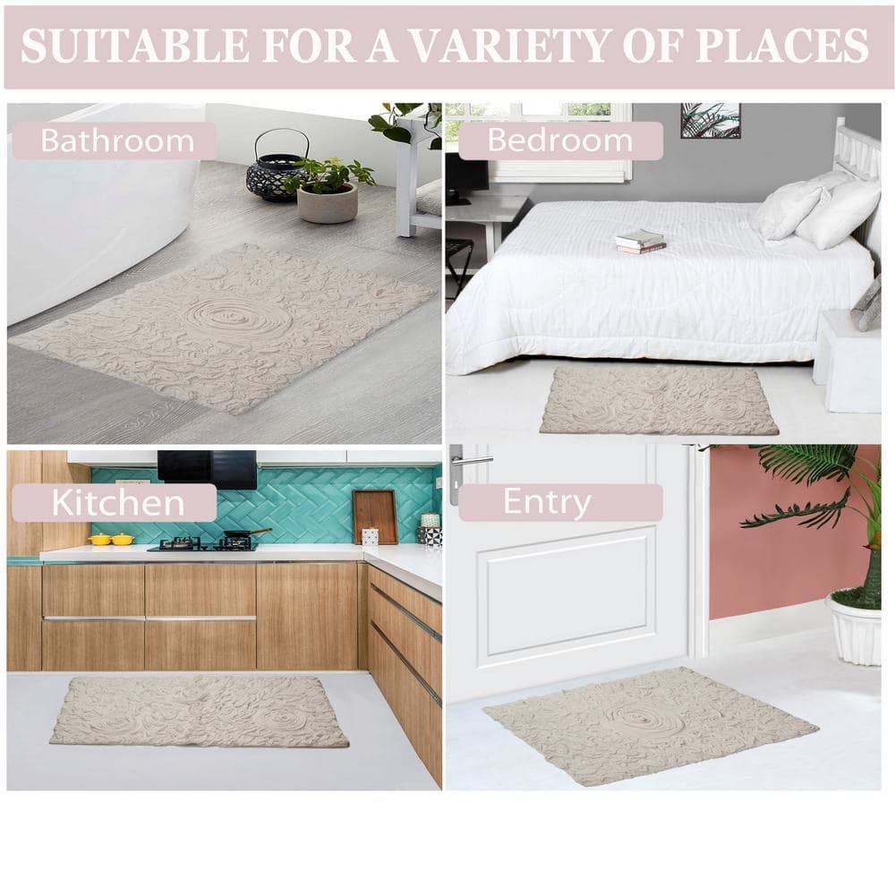 Ivory Cotton Tufted Floral Bath Rug with Non-Slip Backing