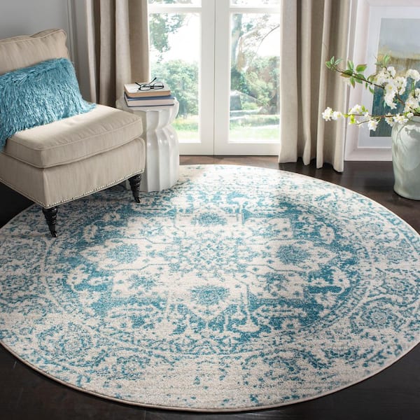 Madison Teal/Ivory 9 ft. x 9 ft. Distressed Border Round Area Rug
