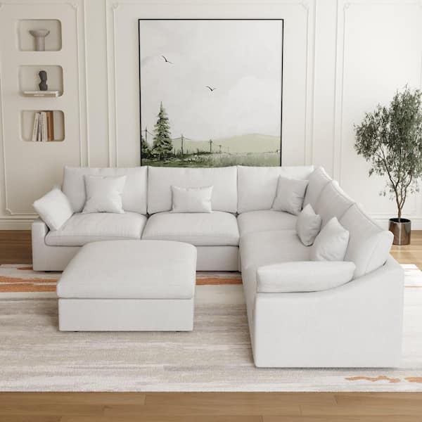 119.2 in. Square Arm 6-Piece Linen L-Shaped Down Feather Modular Free Combination Sectional Sofa with Ottoman in White