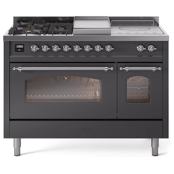 ILVE Nostalgie II 48 in. 5 Burner plus Frenchtop plus Griddle Liquid Propane Dual Fuel Range in Matte Graphite with Chrome
