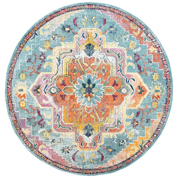 SAFAVIEH Crystal Teal/Orange 7 ft. x 7 ft. Round Border Area Rug
