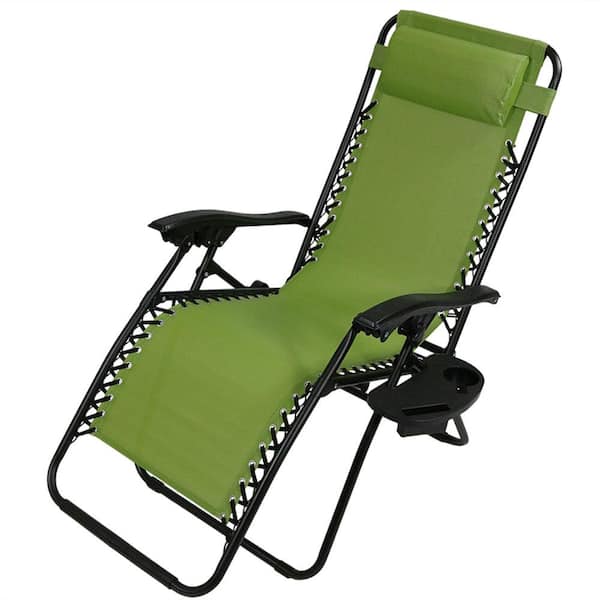 Sunnydaze Zero Gravity Green Sling Lawn Chair with Pillow and Cup Holder