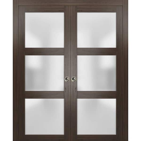 56 in. x 96 in. 2 Panel Chocolate Ash Finished Solid Wood Sliding Door with Hardware