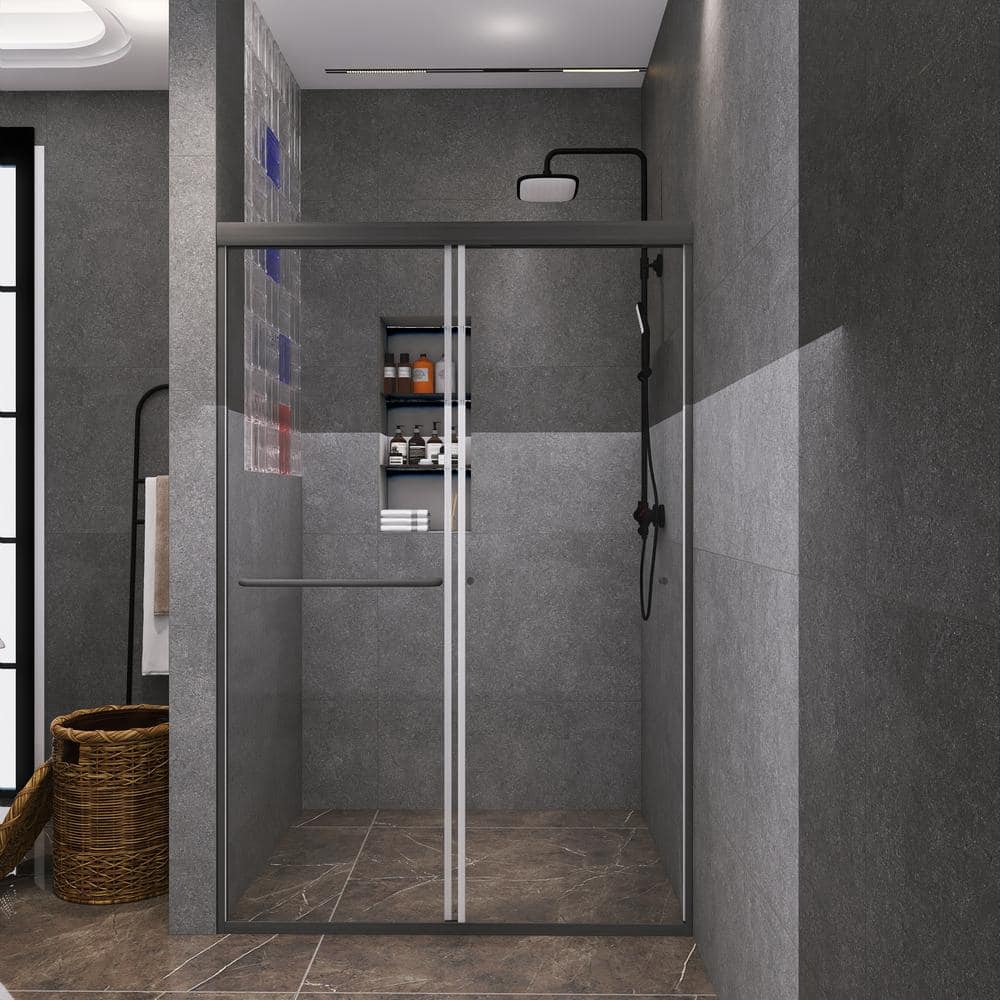 48" Black Framed Double Sliding Shower Door with Clear Glass