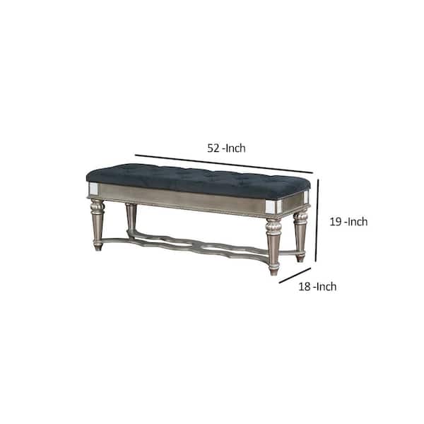W Silver And Blue Tufted Fabric Bench, Bench With Mirrored Legs