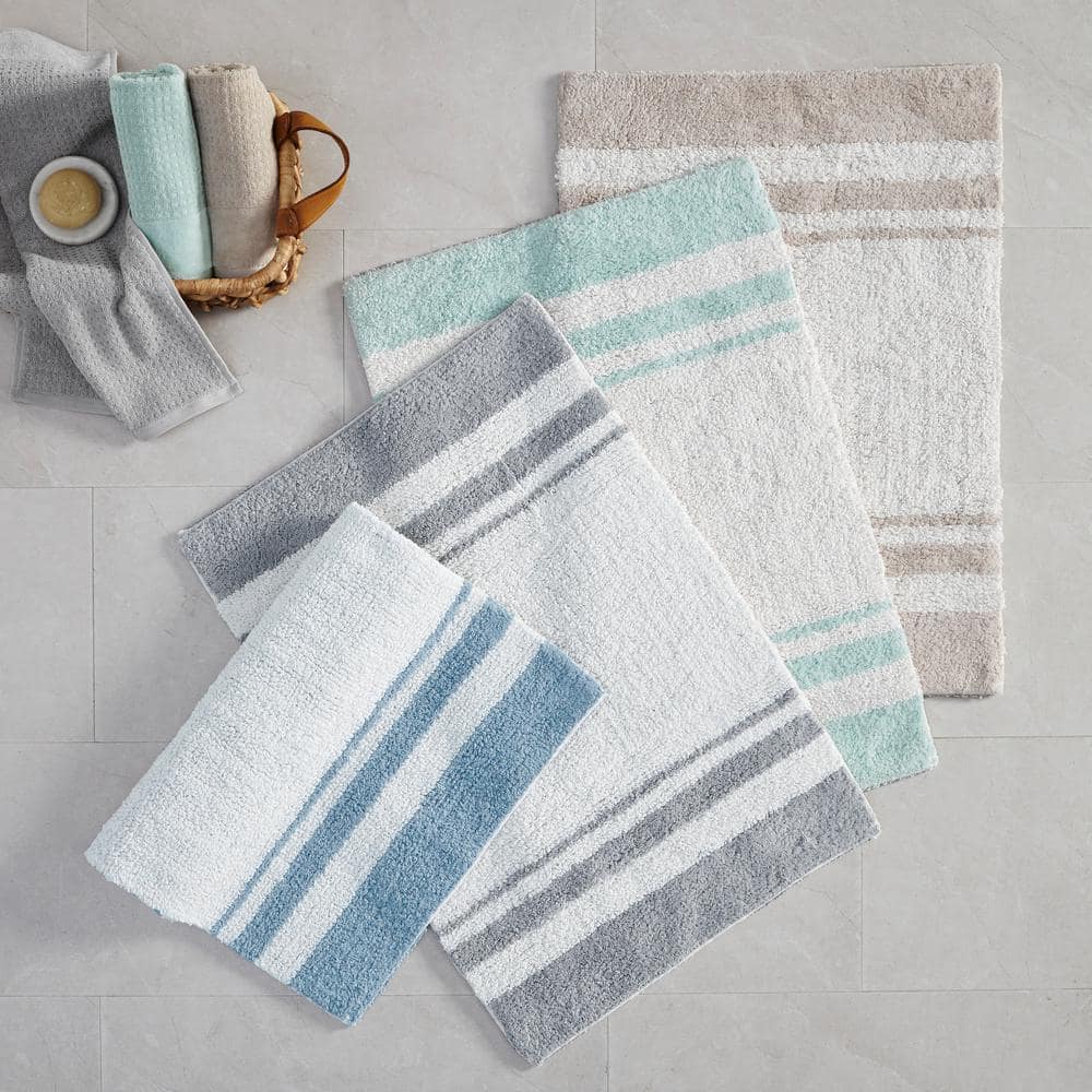 Gray and White Cotton Reversible Striped Bath Rug