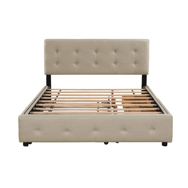 Z-joyee 64.5 in. W Beige Wood Frame Queen Platform Bed with Drawer
