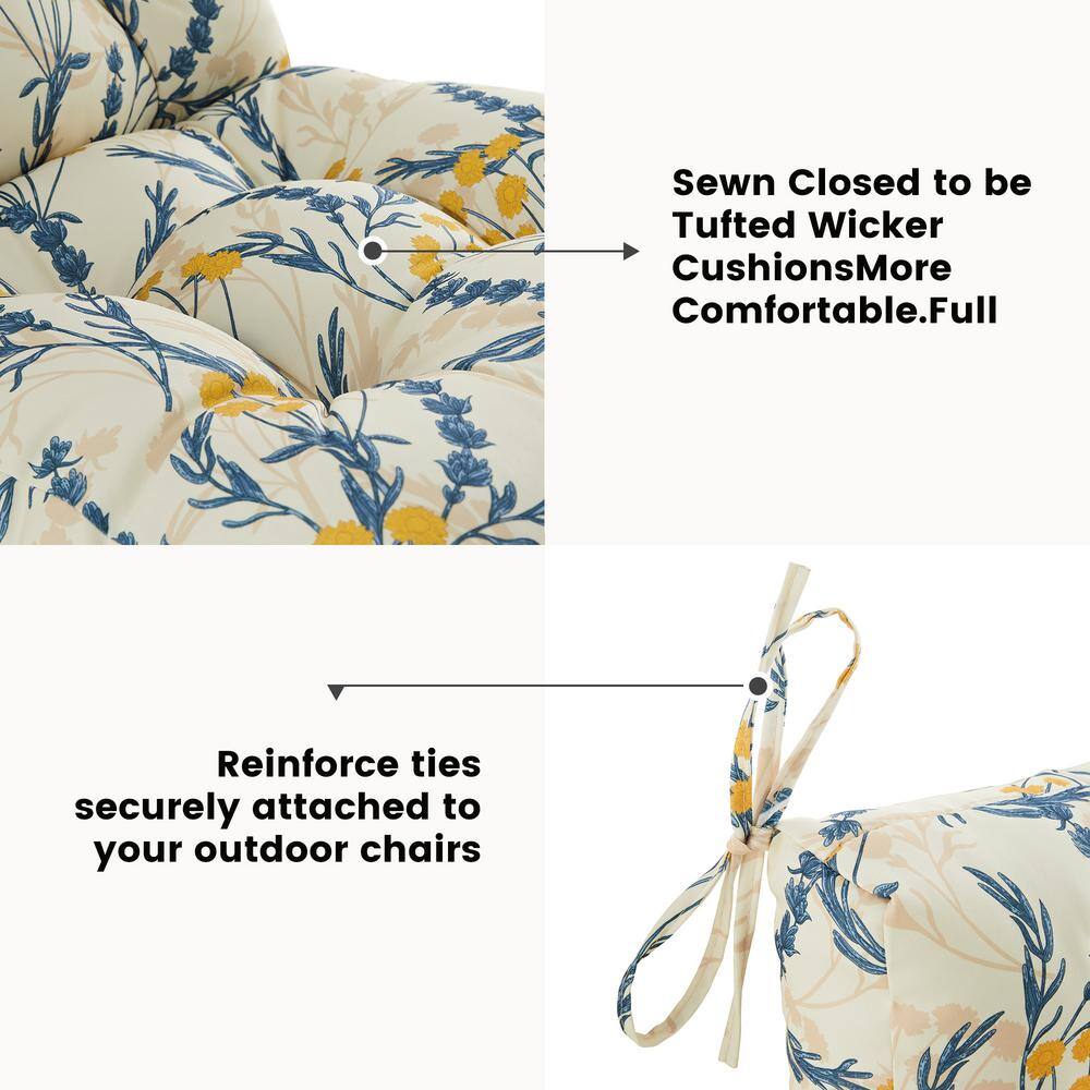 Beige Blue Floral Tufted Outdoor Chair Cushion with Tie Attachment