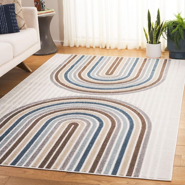 Stella Ivory/Brown Blue 9 ft. x 12 ft. Striped Arches Indoor/Outdoor Area Rug