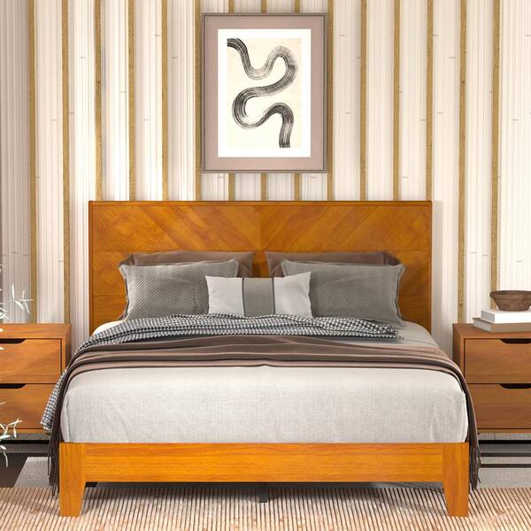 GALANO Weiss Walnut Brown Wood Frame Full Platform Bed With Headboard