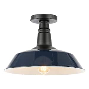Camila 14 in. 1-Light Navy/White Classic Industrial Indoor/Outdoor Iron LED Semi Flush Mount