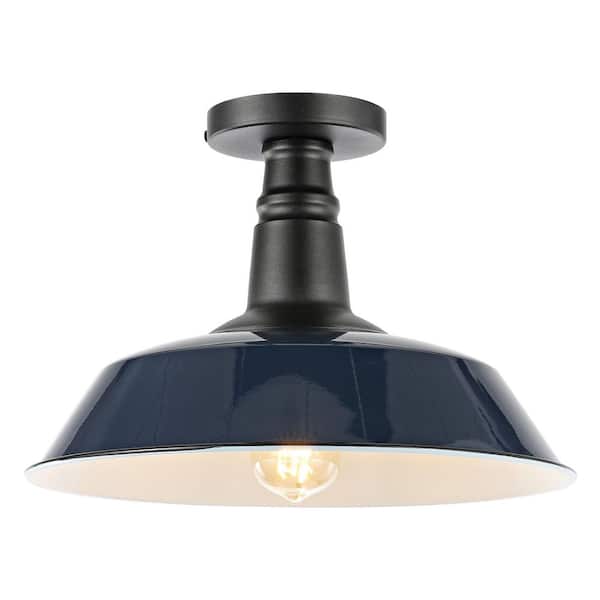 Camila 14 in. 1-Light Navy/White Classic Industrial Indoor/Outdoor Iron LED Semi Flush Mount