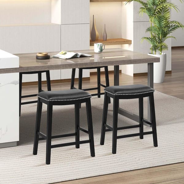 Costway 26 in. Black Wood Bar Stool Counter Height Saddle Stools with Upholstered Seat Set of 2