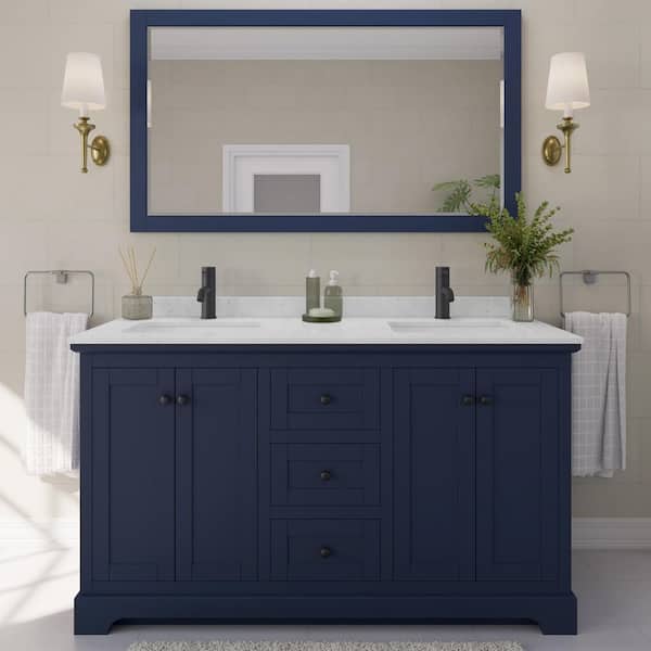 Wyndham Collection Avery 60 in. W x 22 in. D x 35 in. H Double Bath Vanity in Dark Blue with Carrara Cultured Marble Top