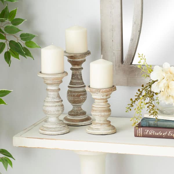 Litton Lane Cream Mango Wood Turned Style Pillar Candle Holder (Set of 3)  51326 - The Home Depot