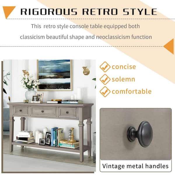 50 in. Gray Wash Rectangle Wood Console Table with Three Top Drawers and Open Style Bottom Shelf, Easy Assembly