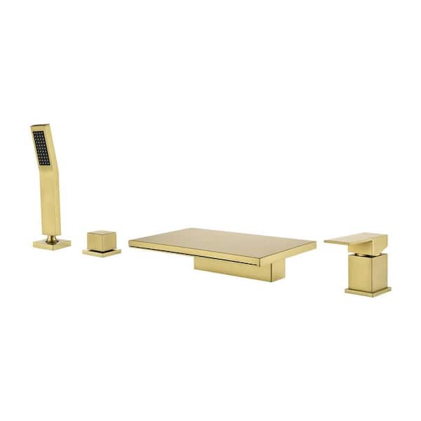 Single-Handle Tub-Mount Tub Faucet with Hand Shower in Brushed Gold