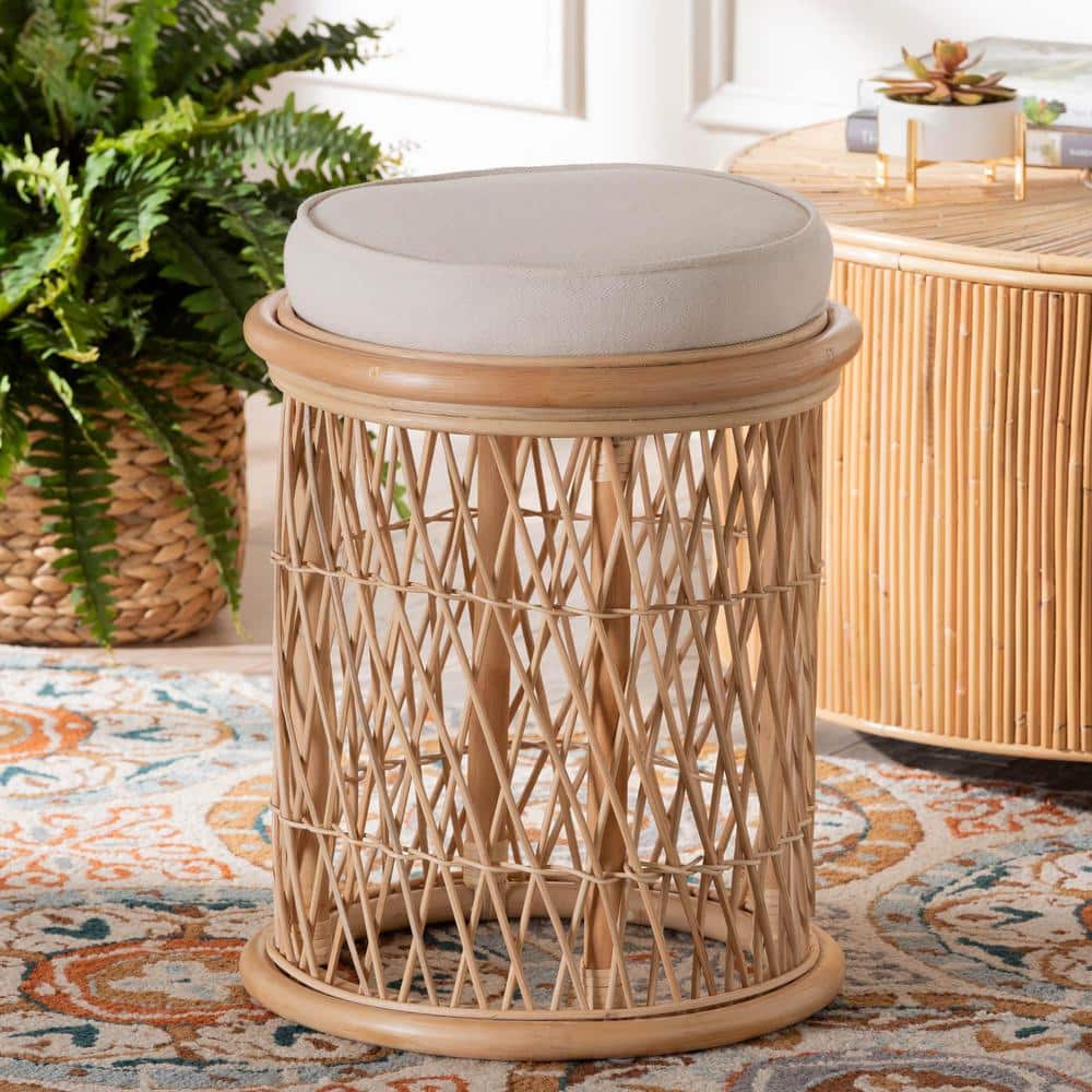Junius Natural Rattan Round Ottoman with Fabric Cushion