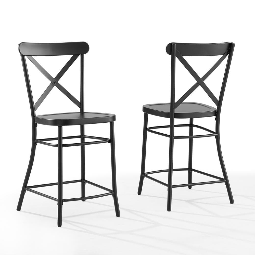 French Industrial Revival Matte Black Steel Counter Stools, Set of 2