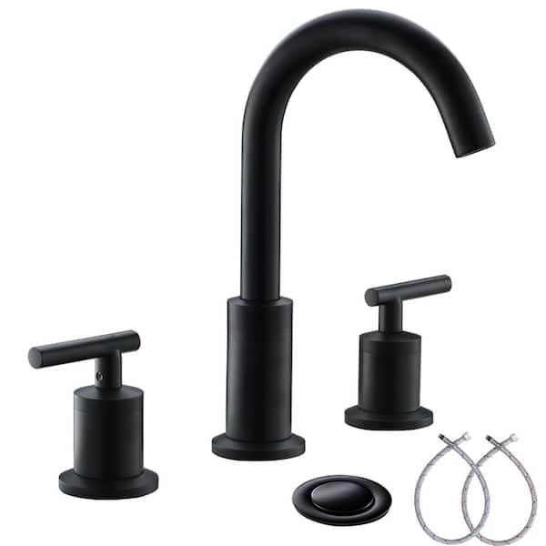 Phiestina 8 in. Widespread Double-Handle Bathroom Faucet with Valve and Metal Pop-Up Drain Assembly in Matt Black