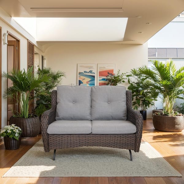 moosprr Brown PE Wicker Outdoor Loveseat with Gray Cushions and Glide Function