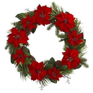36 in. Artificial Poinsettia and Pine Wreath