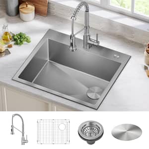 Loften 25 in. Drop-In Single Bowl 18 Gauge Stainless Steel Kitchen Sink with Pull Down Faucet in Chrome and Steel