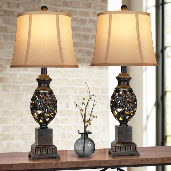 28 in. H Bronze Rustic Beside Lamps  with Linen Shades 4-Color Temperature Task and Reading (2-Pack)