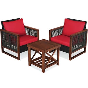 3-Piece PE Wicker Wood Patio Conversation Set with Wooden Frame and Red Cushion