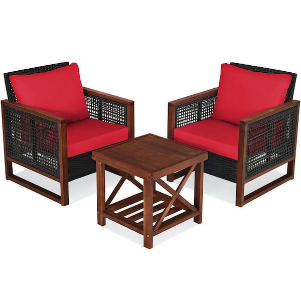 ANGELES HOME 3-Piece PE Wicker Wood Patio Conversation Set with Wooden Frame and Red Cushion