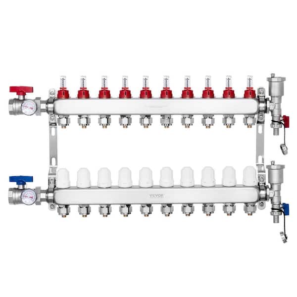 10-Branch Radiant Heat Manifold 1/2 in. PEX Tubing Manifold Stainless Steel Pool Controls PEX Manifold Floor Heating