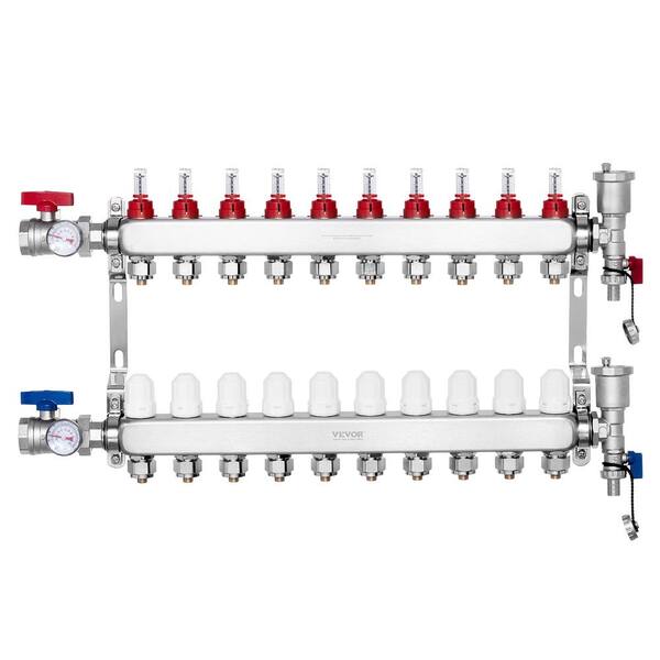 VEVOR 10-Branch Radiant Heat Manifold,1/2 in. PEX Tubing Manifold, Stainless Steel PEX Manifold, Radiant Heat PEX Manifold Kit