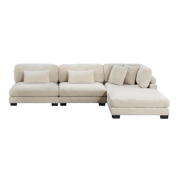 Lazzara Turbo 135 in. Pillow Top Arm 4-Piece Corduroy Fabric Modular Sectional Sofa in Beige with Ottoman