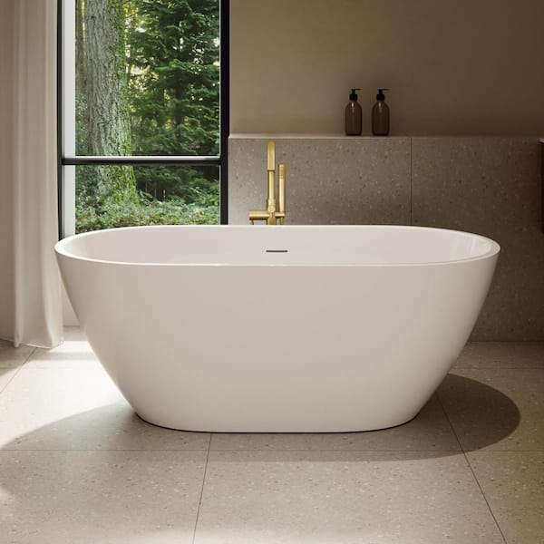 Ayago 59 in. x 28 in. Freestanding Soaking Bathtub Kit in Glossy White, with an Extra Brushed Gold Pop-Up Drain Cap
