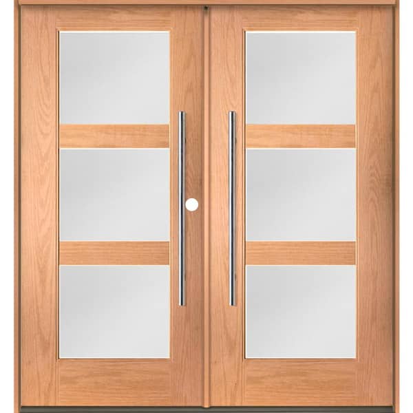 Modern Faux Pivot 72 in. x 79 in. Left-Active/Inswing 3-Lite Satin Glass Teak Stain Double Fiberglass Prehung Front Door