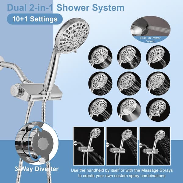 No Handle 10-Spray Wall Mount Handheld Shower Head Shower Faucet 1.8 GPM with Adjustable Heads in. Polished Chrome