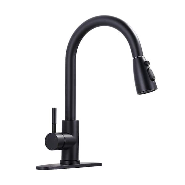 IVIGA Stainless Steel Single Handle Pull Down Sprayer Kitchen Faucet with 3-Mode Advanced Spray, Deckplate in Matte Black