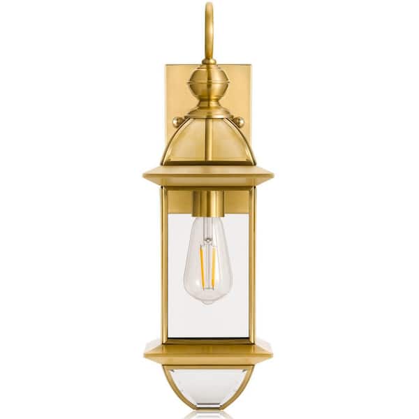 Meluaim 1-Light 18 in. Gold Brass Outdoor Hardwired Wall Lantern Sconce with No Bulbs Included