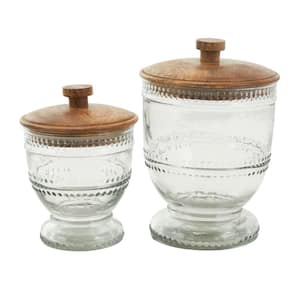 Clear Glass Beaded Decorative Jars with Wood Lids (Set of 2)