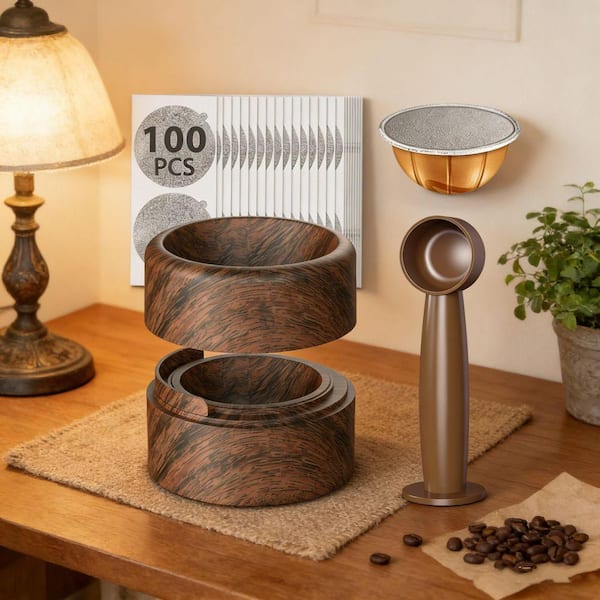 Wood Grain Finish Coffee Pod Organizer Drawer Organizer with 100-Aluminum Foil Lids for Nespresso Vertuo Pods Kit