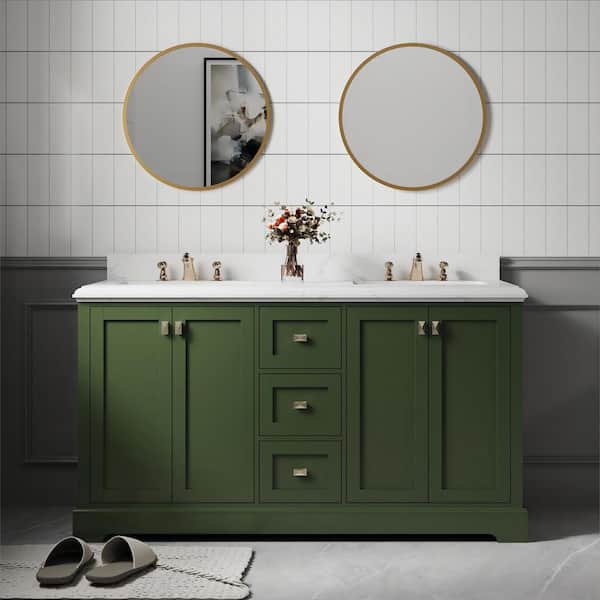 Abruzzo 60 in. W x 22-1/4 in. D x 33-7/8 in. H Double Sink Freestanding Bath Vanity in Green with  White Engineered Stone Top