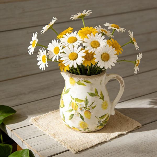 レモン　904545 6 in. White Ceramic Pitcher Decorative Vase 1 Pc with Yellow Lemon